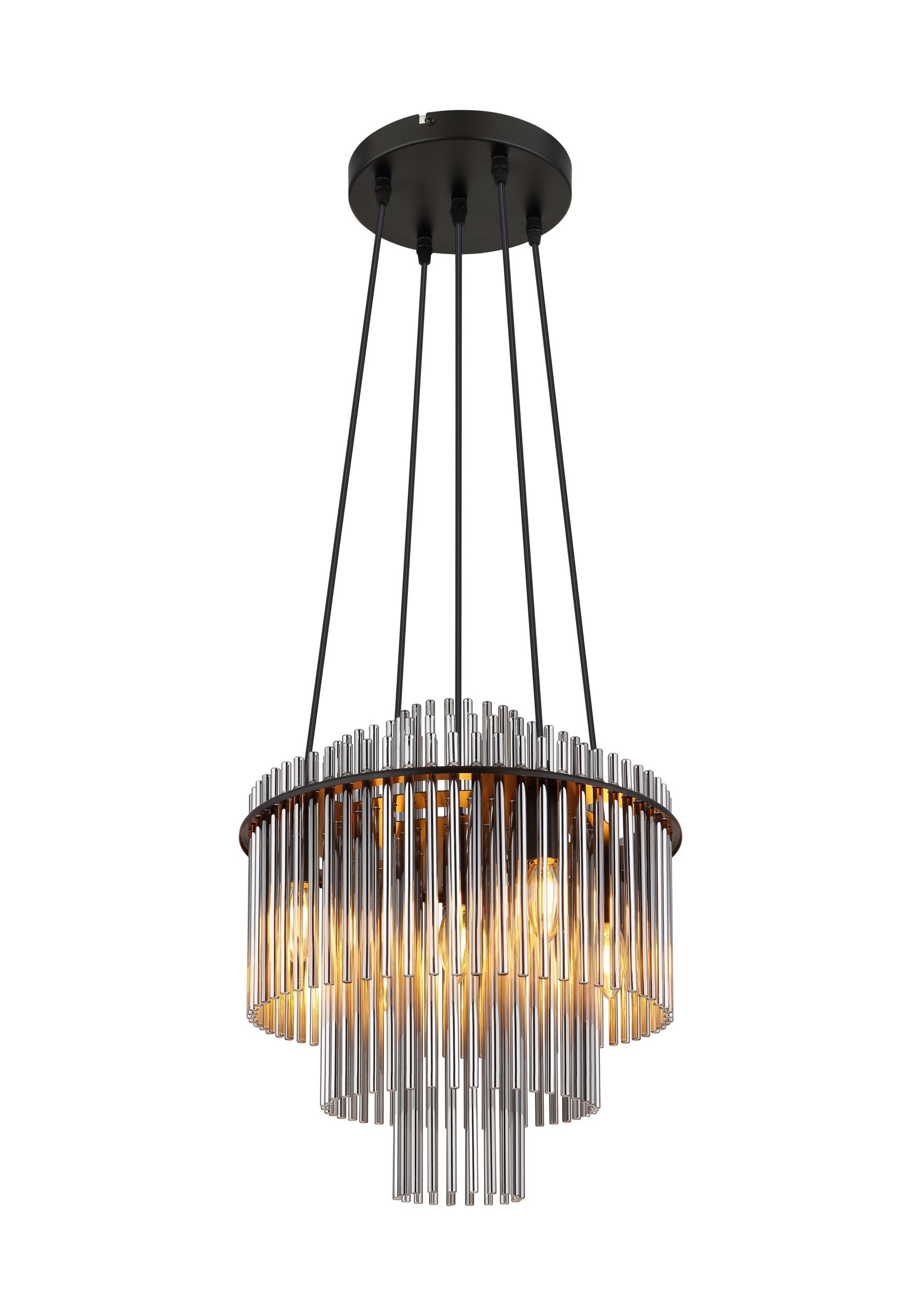 Lustre étagé barreaux de verre, 5 lumières lustre étagé barreaux de verre 5 lumières Ø 40 cm (E14), verre fumé et métal noir mat, sur fond blanc