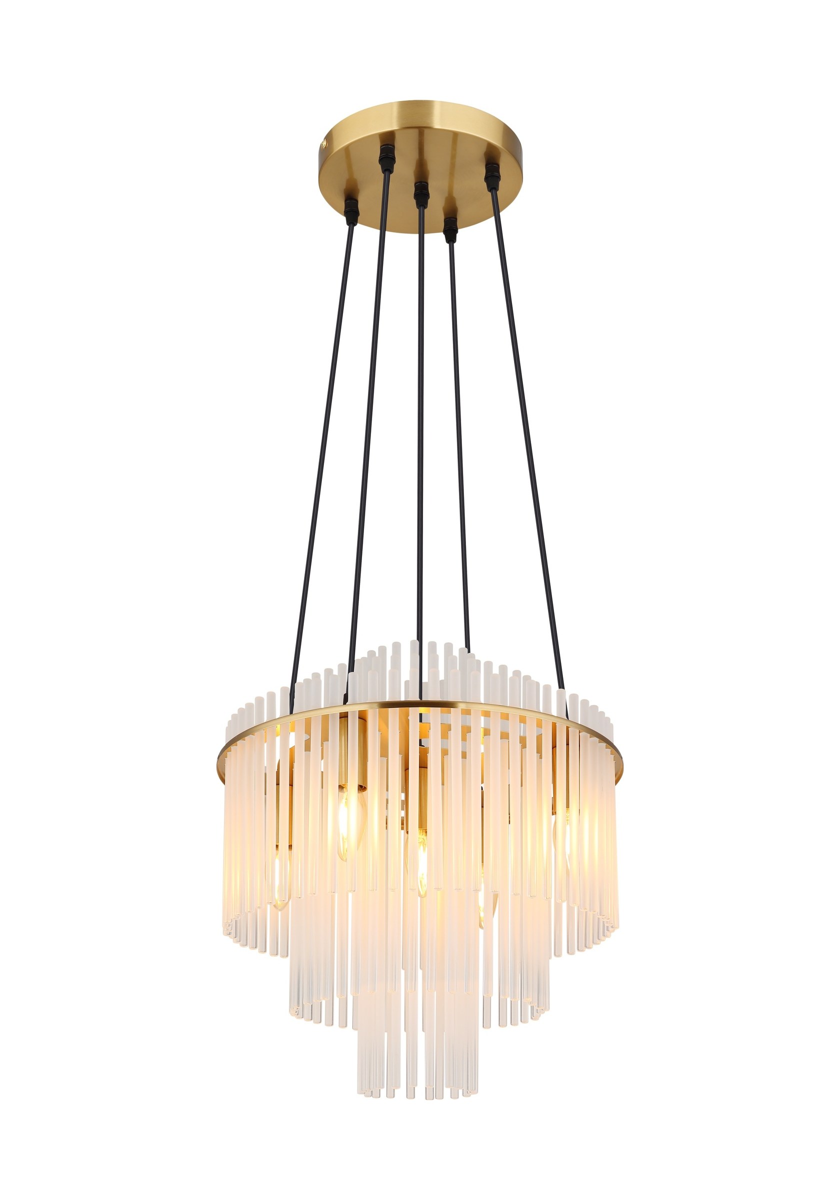 Lustre étagé barreaux de verre, 5 lumières lustre étagé barreaux de verre 5 lumières Ø 40 cm (E14), verre opale et métal couleur or mat, sur fond blanc