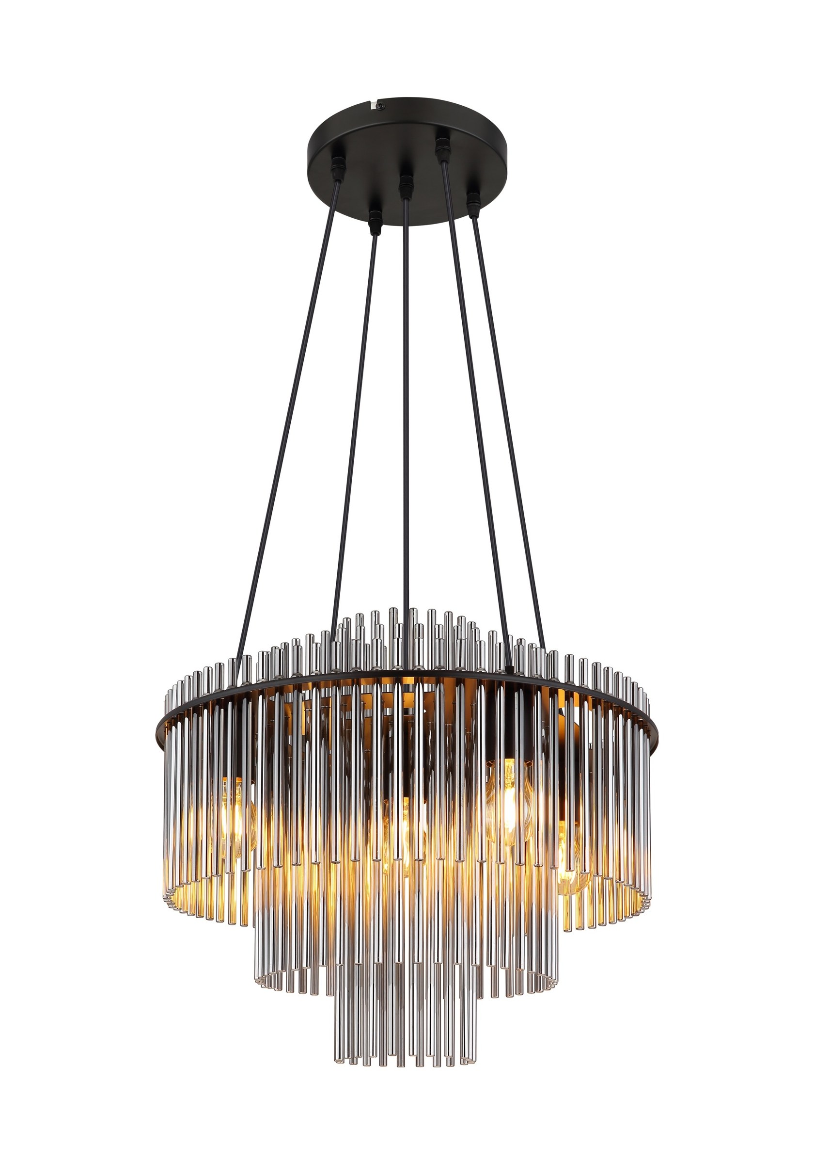 Lustre étagé barreaux de verre, 5 lumières lustre étagé barreaux de verre 5 lumières Ø 50 cm (E27), verre fumé et métal noir mat, sur fond blanc