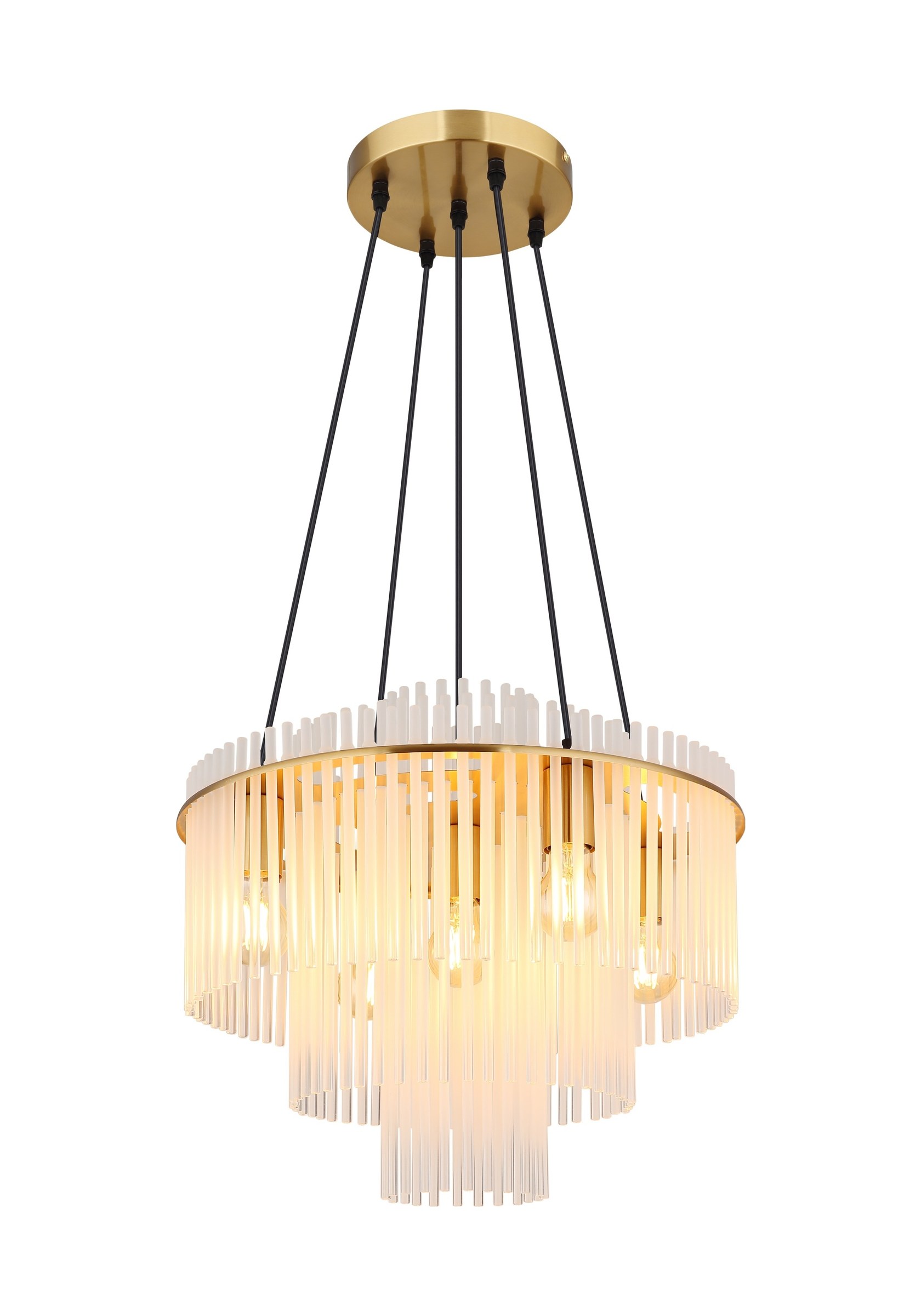 Lustre étagé barreaux de verre, 5 lumières lustre étagé barreaux de verre 5 lumières Ø 50 cm (E27), verre opale et métal couleur or mat, sur fond blanc