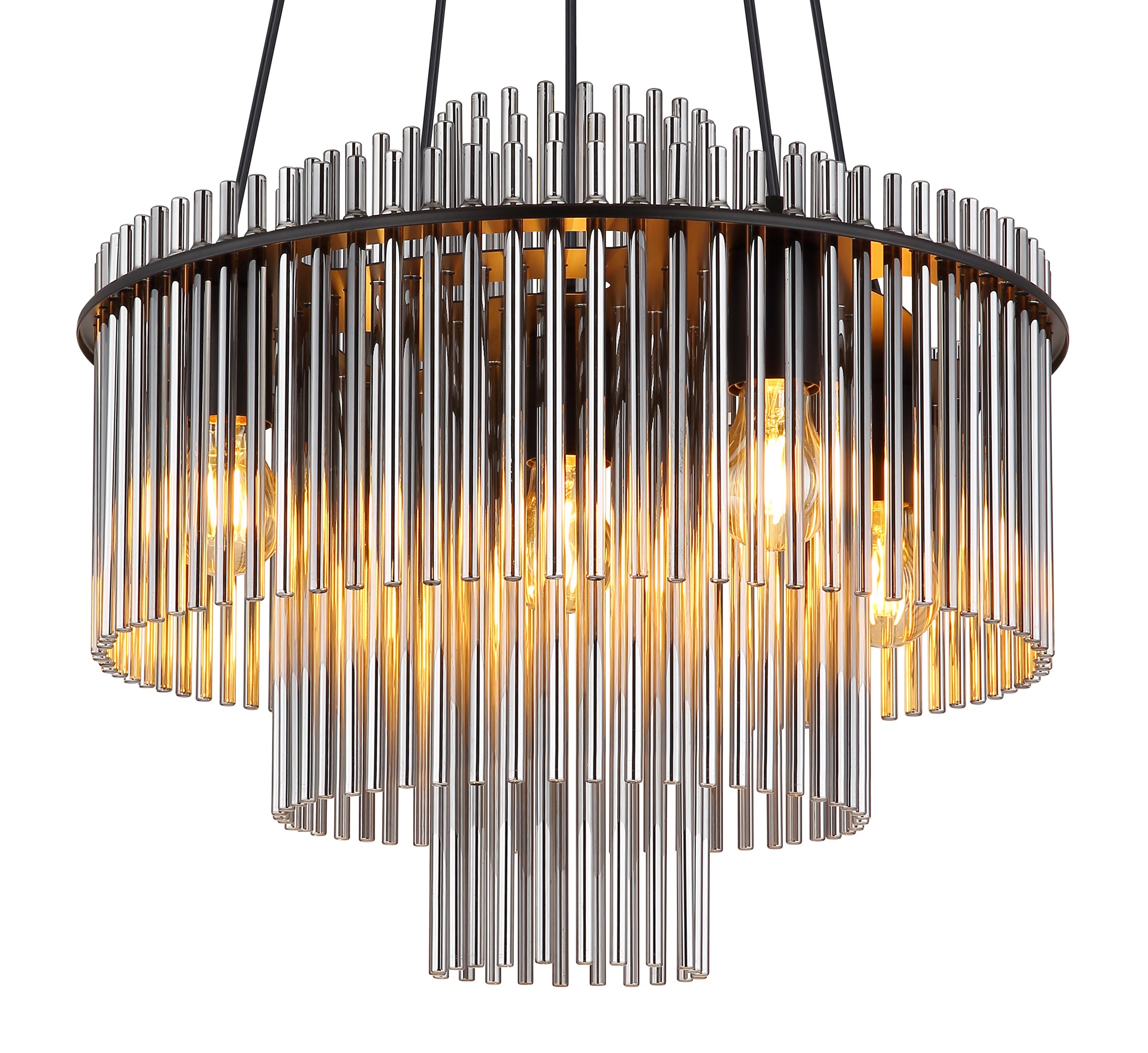 Lustre étagé barreaux de verre, 5 lumières lustre étagé barreaux de verre, gros plan sur les trois niveaux de tiges en verre fumé, allumé