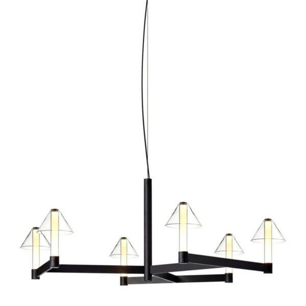 lustre Fragile Marset cône CH6 noir, 6 abat-jours en verre soufflé