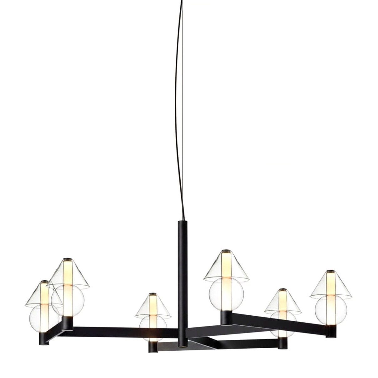lustre Fragile Marset cône et sphère CH6 noir, 6 abat-jours en verre soufflé