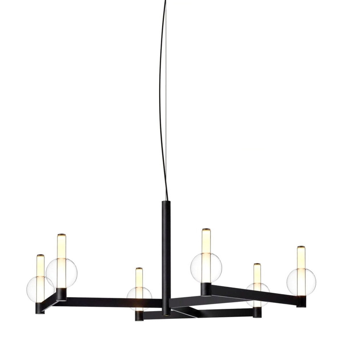 lustre Fragile Marset sphère CH6 noir, 6 abat-jours en verre soufflé