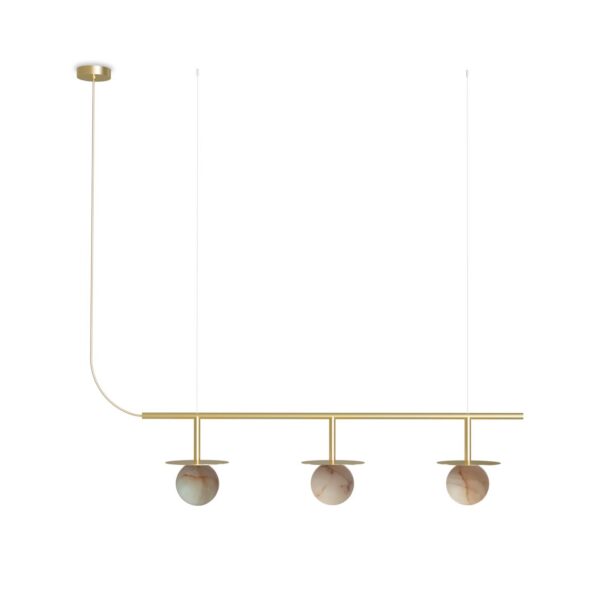 lustre linéaire Royal version 3 lumières, sphères en albâtre sous barre en laiton, fond blanc