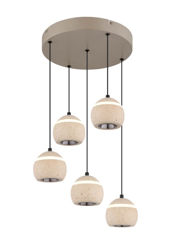lustre travertin LED 5 boules en cercle, suspension en pierre naturelle sur fond blanc