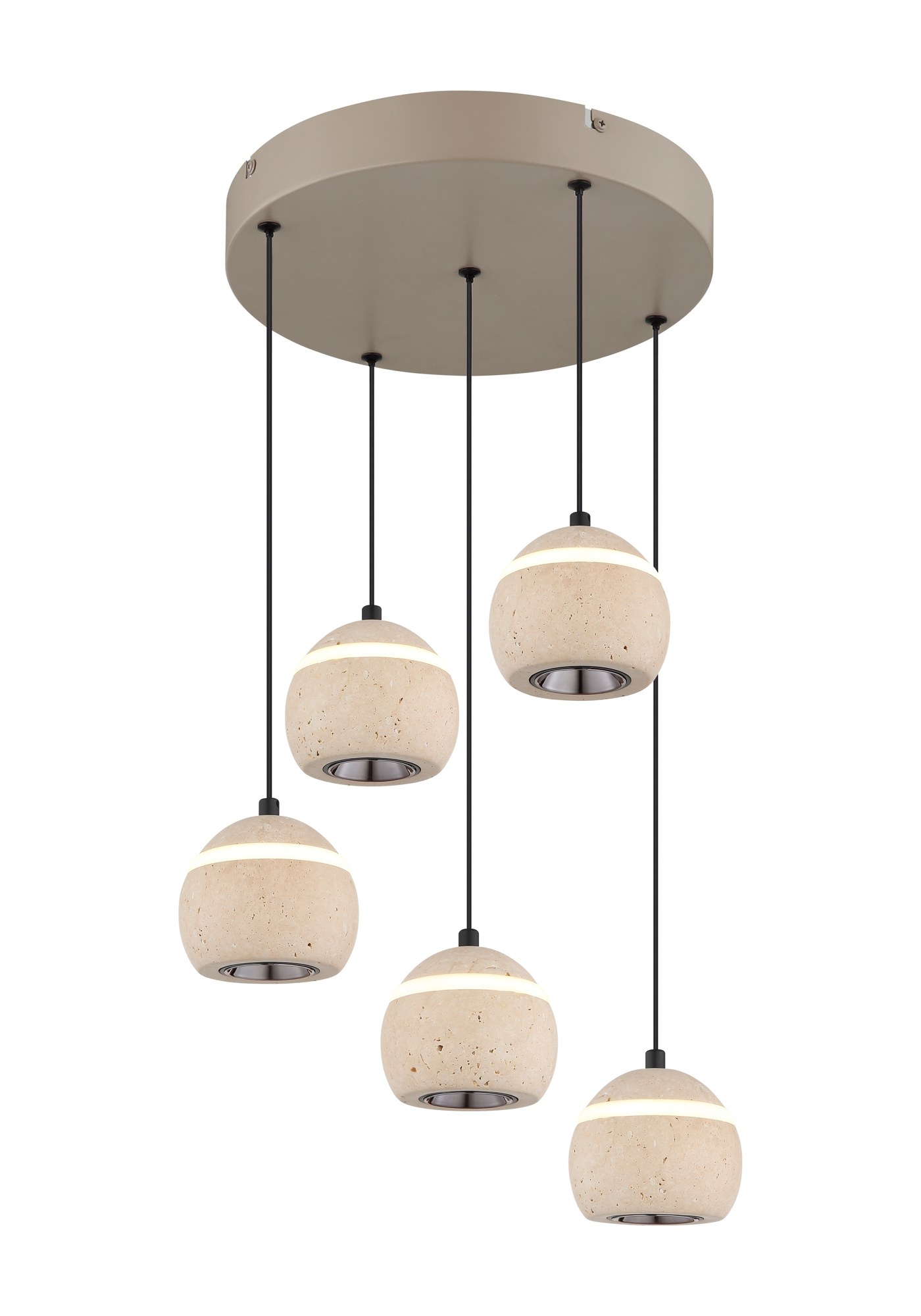 Lustre travertin LED, suspension boule 1 ou 5 lumières lustre travertin LED 5 boules en cercle, suspension en pierre naturelle sur fond blanc
