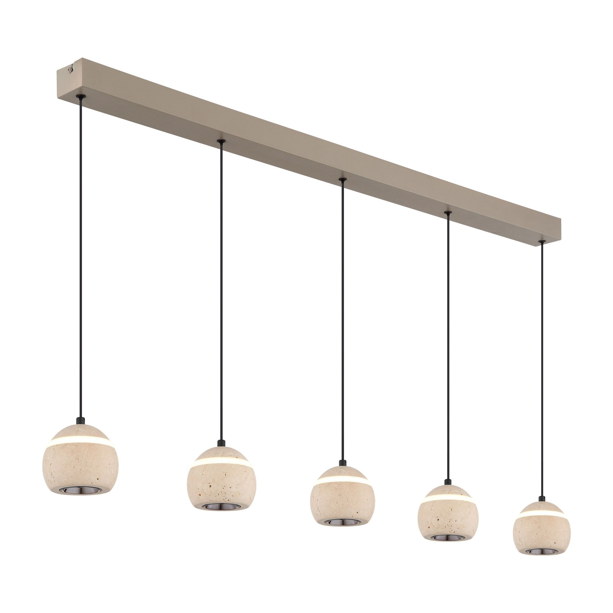 Lustre travertin LED, suspension boule 1 ou 5 lumières lustre travertin LED 5 boules en ligne sur barre métal sable, fond blanc