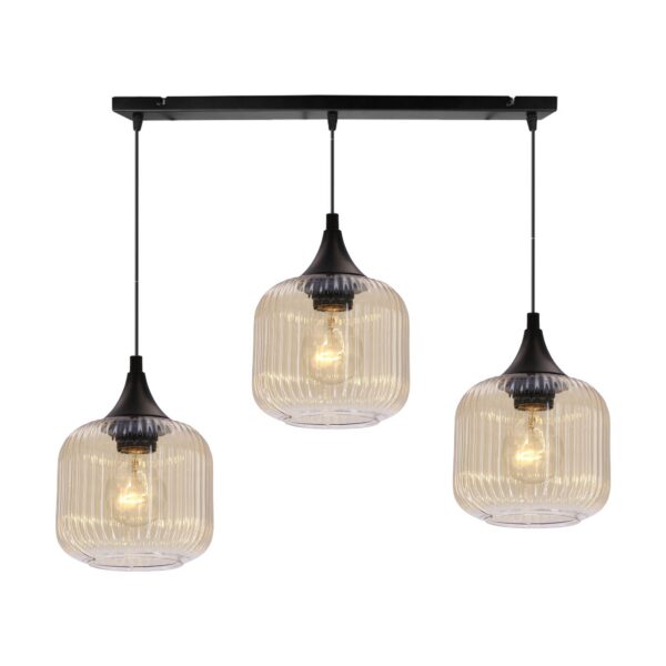 lustre verre ambré cannelé 3 lumieres sur barre, fond blanc