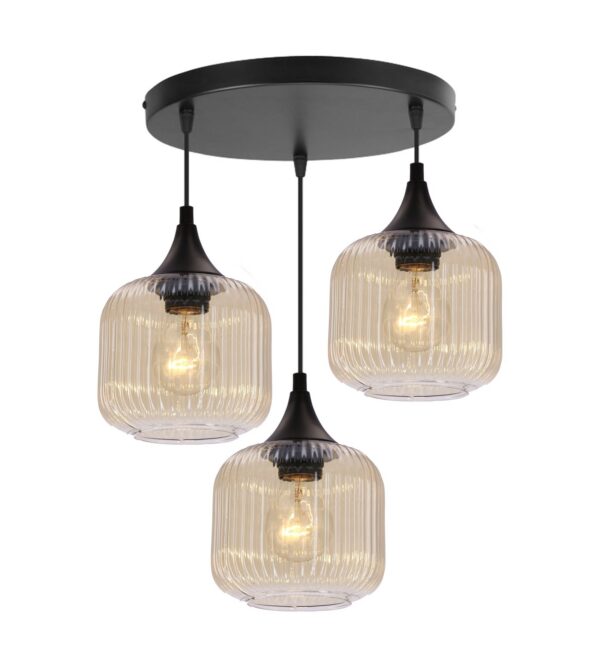 lustre verre ambré cannelé 3 lumieres sur platine ronde, fond blanc