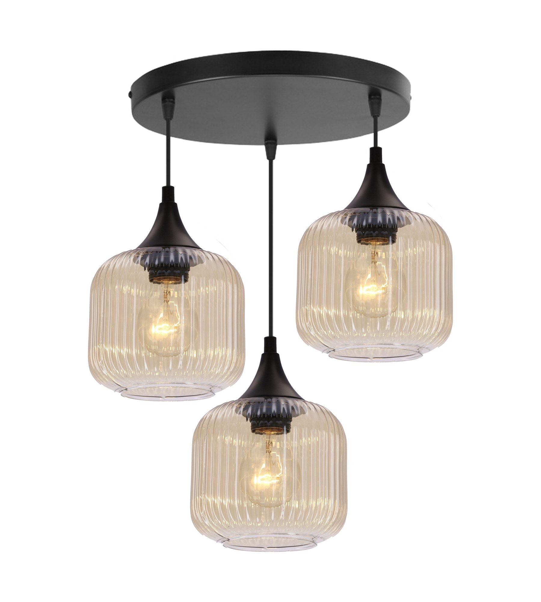 Lustre verre ambré cannelé et métal noir, 3 ou 6 lumières, E27 lustre verre ambré cannelé 3 lumieres sur platine ronde, fond blanc