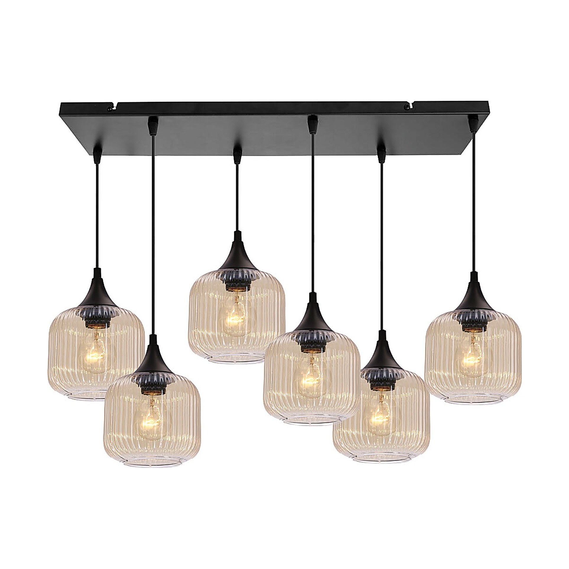 Lustre verre ambré cannelé et métal noir, 3 ou 6 lumières, E27 lustre verre ambré cannelé 6 lumieres sur plateau, fond blanc