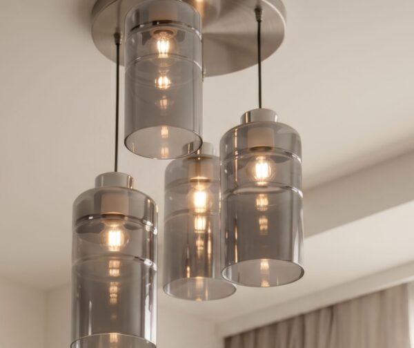 lustre verre fumé effet miroir cylindres de verre fume allumes au plafond