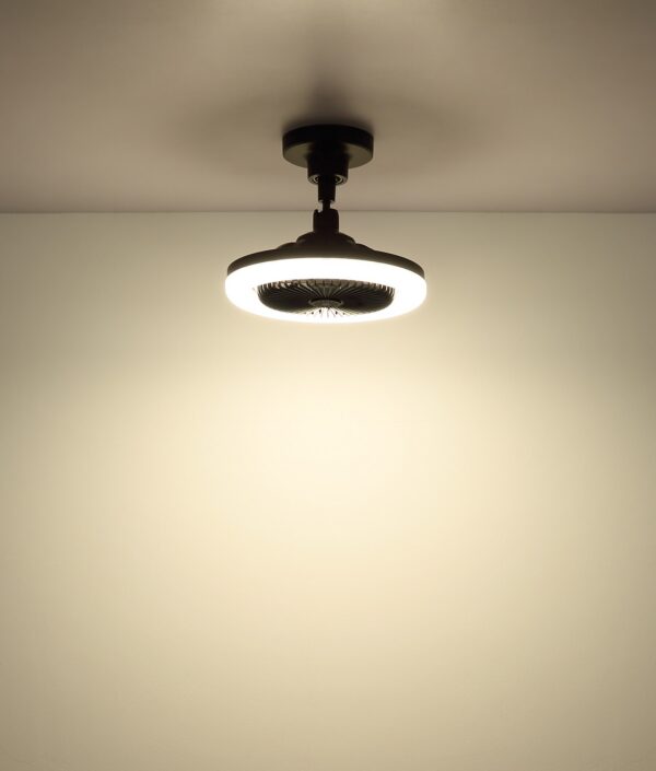 mini ventilateur plafond noir en anneau lumineux LED, allumé au plafond, lumière LED chaude