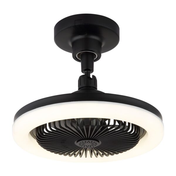 mini ventilateur plafond noir en anneau lumineux LED, vue de face sur fond blanc