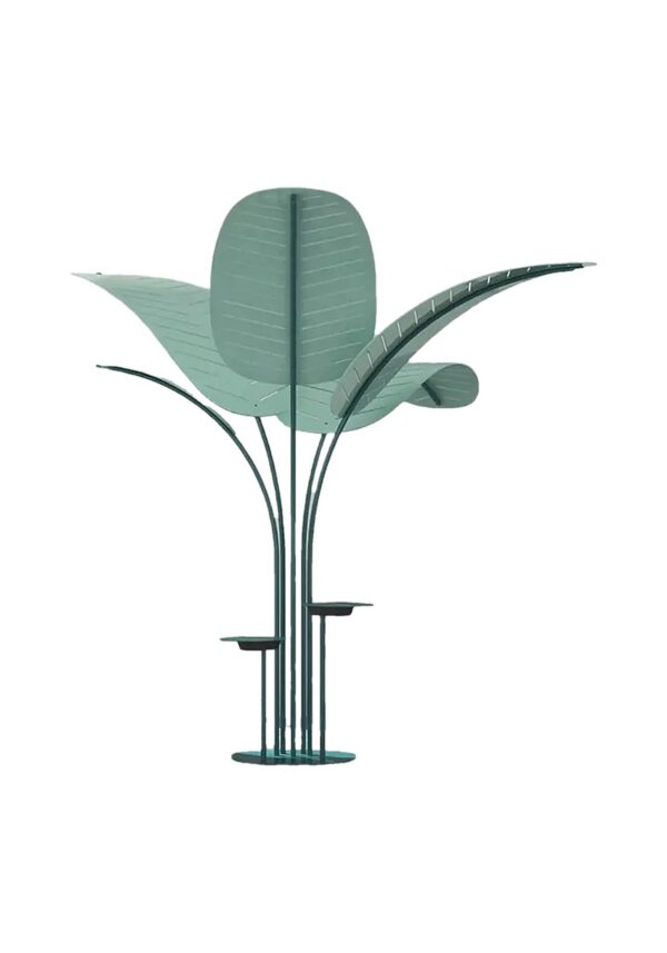 mobilier acoustique Slalom Oasis, arbre à feuilles en feutre PET vert et tables, fond blanc