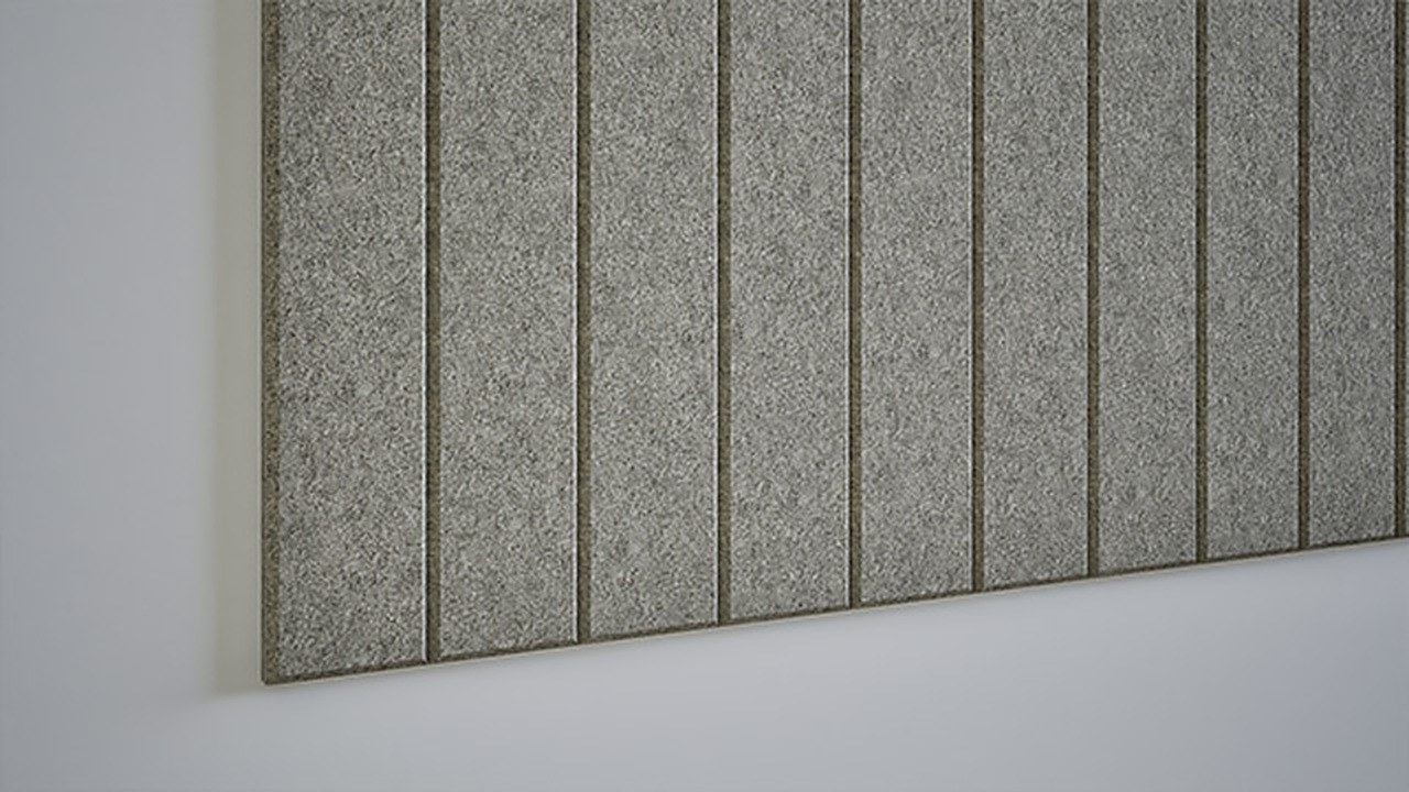 Mur acoustique Sharp Wall Acoustics par Chameleon, feutre PET mur acoustique Sharp Wall Chameleon, détail du feutre gris et des joints verticaux