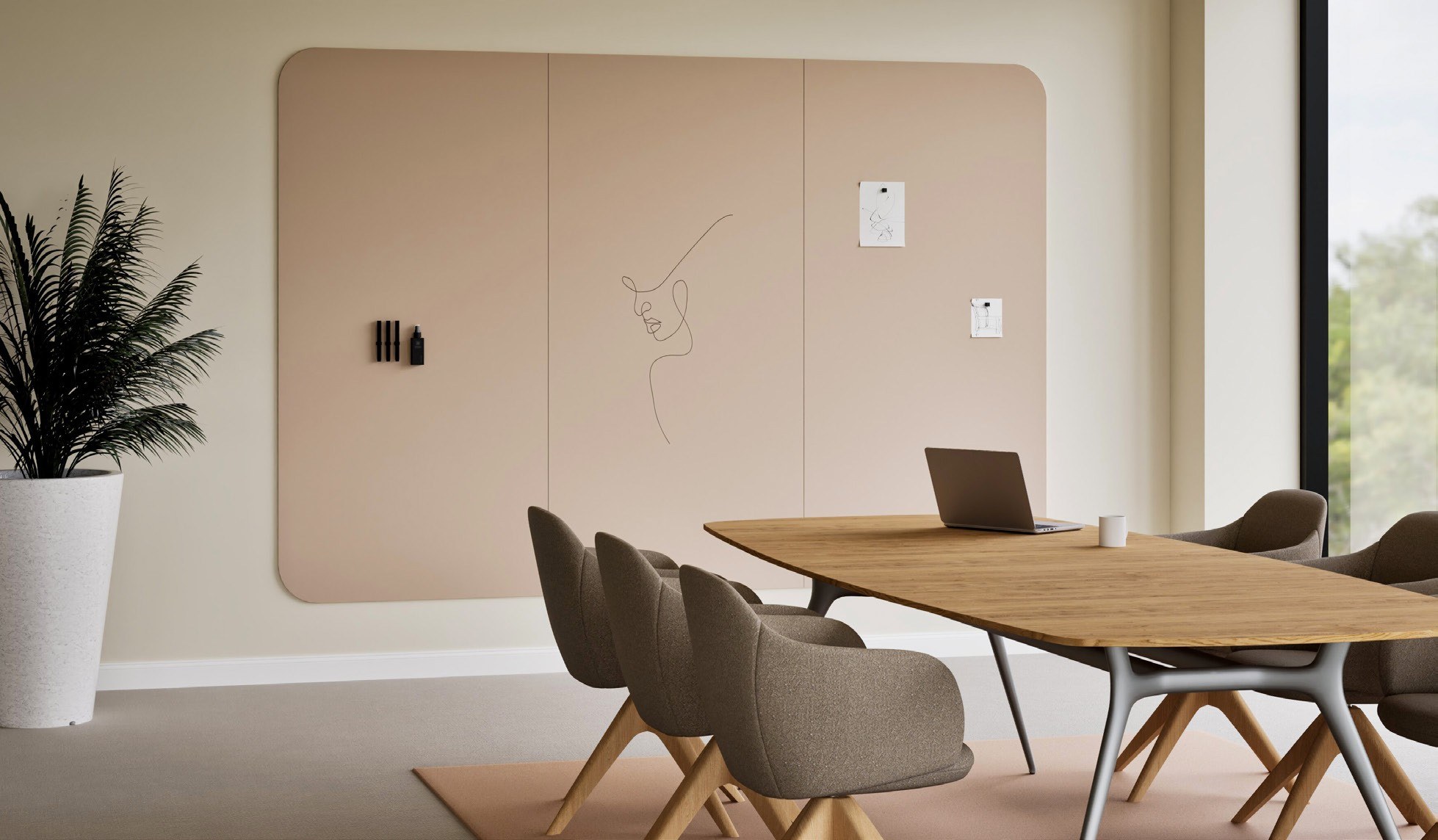 Mur d'écriture magnétique Curve Wall par Chameleon mur d écriture magnétique Curve Wall Chameleon rose sable dans une salle de réunion