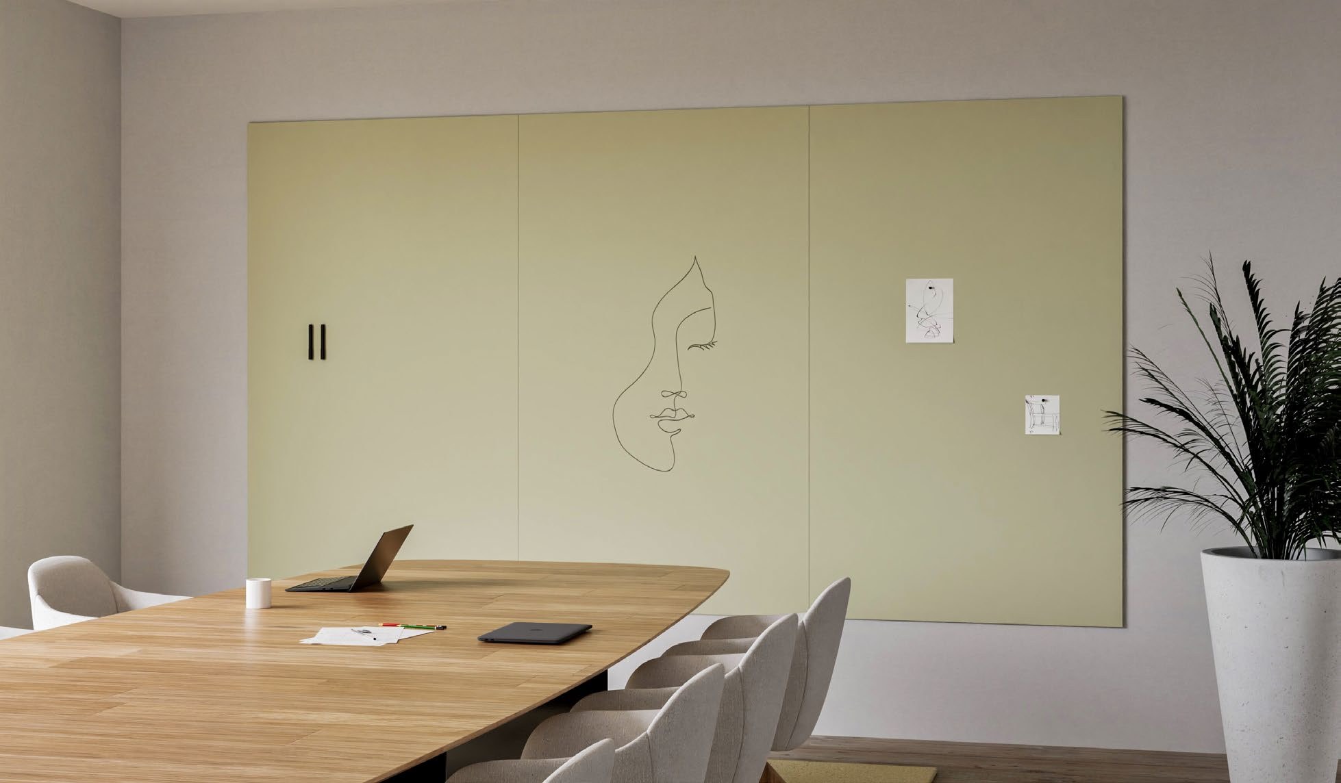 Mur d'écriture magnétique Sharp Wall par Chameleon, sans cadre mur d'écriture magnétique Sharp Wall Chameleon en trois panneaux verts derrière une table de réunion en bois