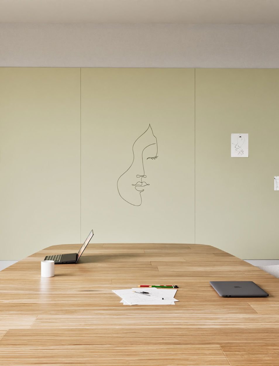 Mur d'écriture magnétique Sharp Wall par Chameleon, sans cadre mur d'écriture magnétique Sharp Wall Chameleon, trois panneaux verts avec un dessin au marqueur et des feuilles aimantées
