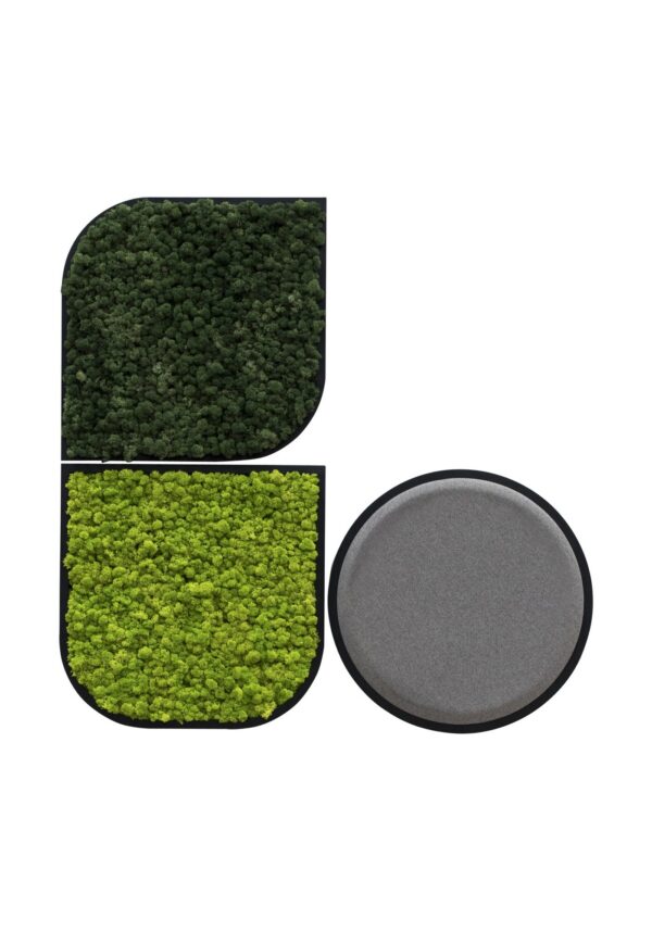 panneau acoustique BuzziMood BuzziSpace, composition en mousse de renne verte et en tissu gris, fond blanc