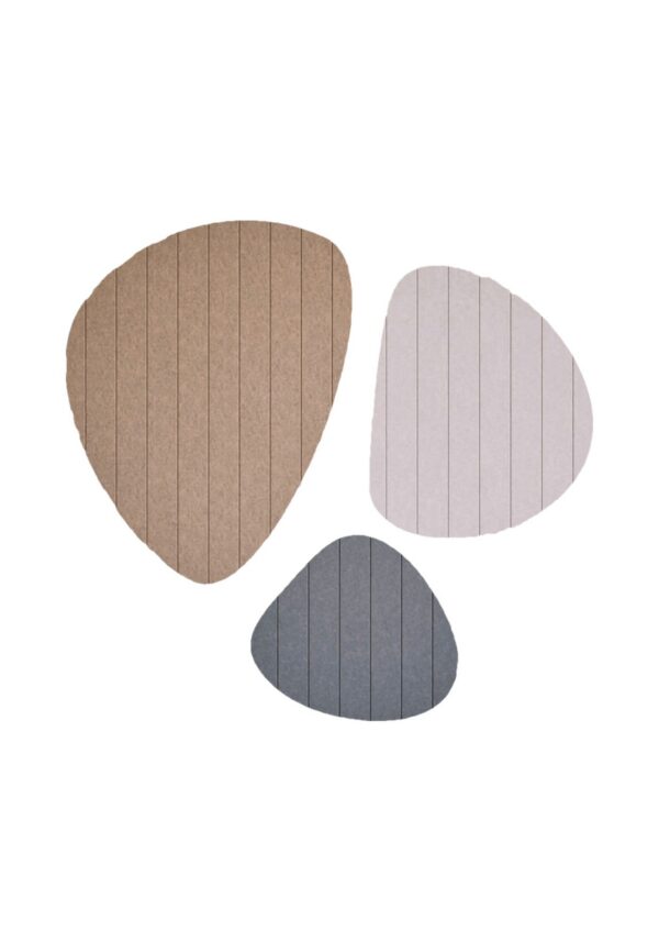 panneau acoustique galet Chameleon Pebbles, ensemble de trois galets en feutre PET, fond blanc