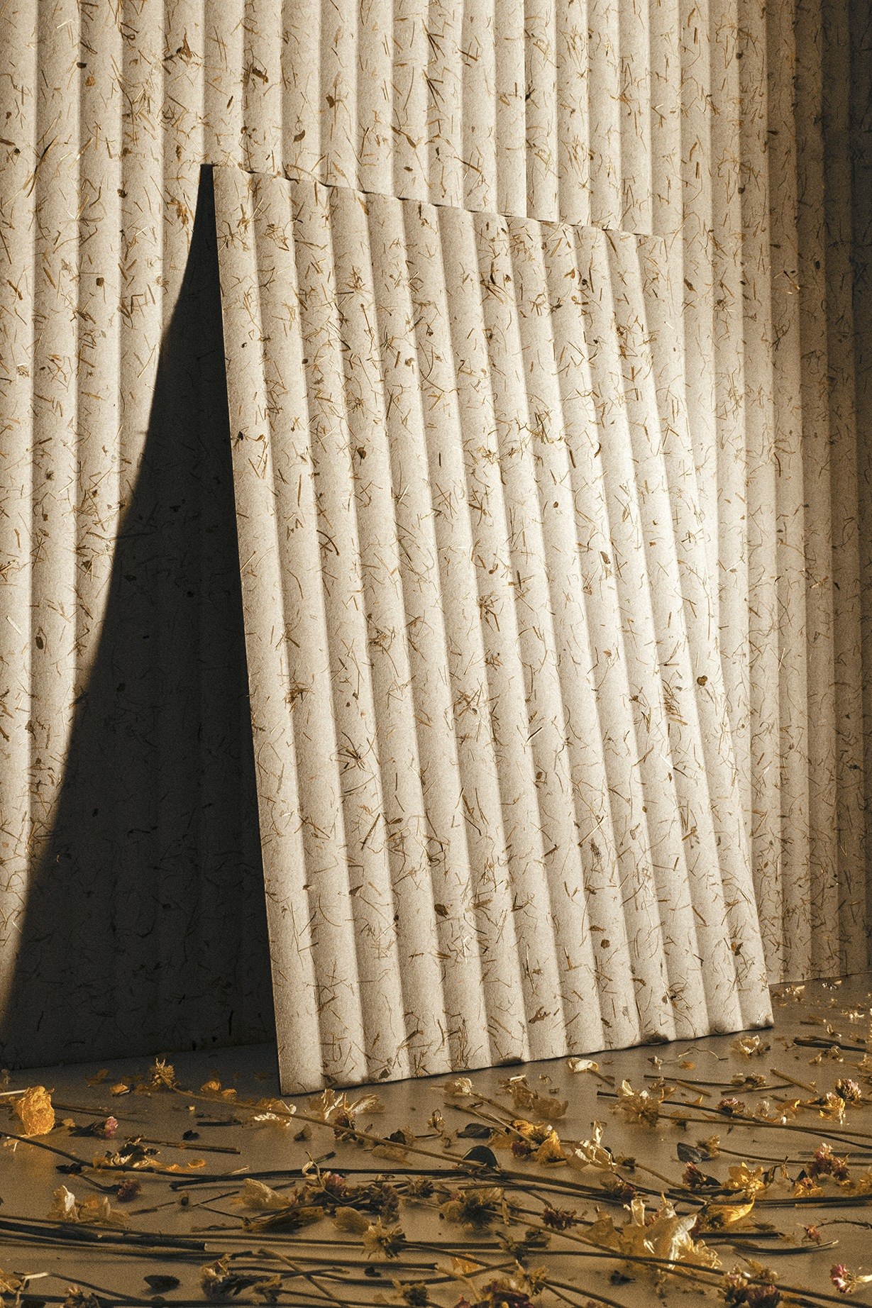 Panneau acoustique herbes naturelles Grass par Slalom, lin et foin panneau acoustique herbes naturelles Slalom Grass incline sur un mur identique