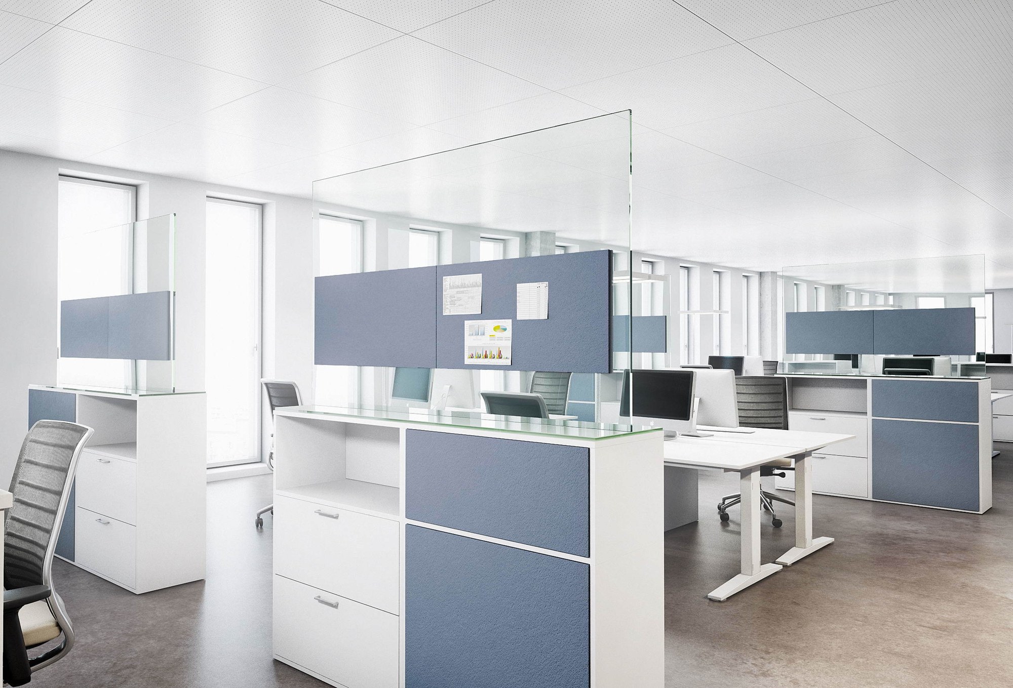 Panneau acoustique mural BuzziBack par BuzziSpace panneaux acoustiques muraux BuzziBack bleu gris sur des caissons de rangement en open space