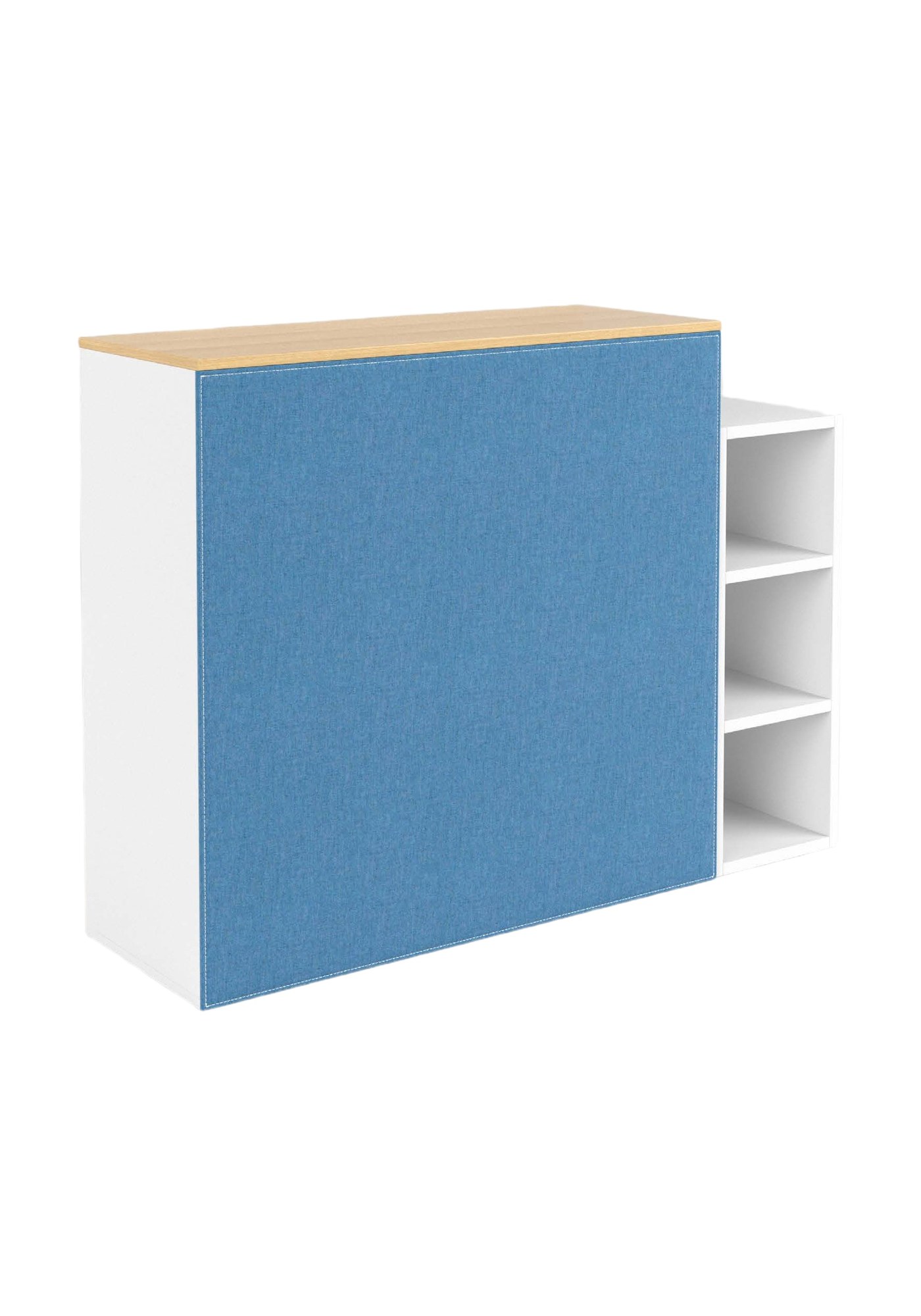 Panneau acoustique mural BuzziBack par BuzziSpace panneau acoustique mural BuzziBack en feutre bleu monté sur un meuble de rangement, fond blanc