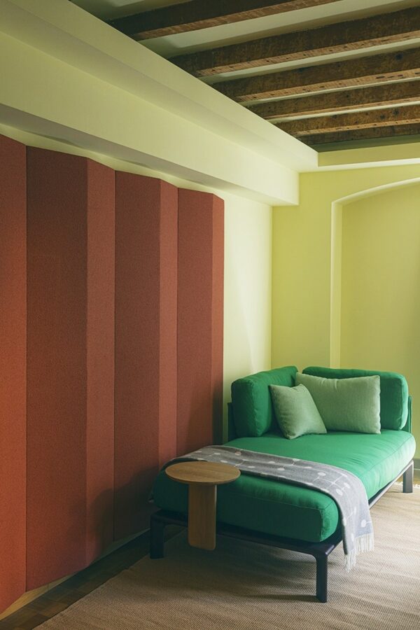panneau acoustique pyramidal Slalom Arrow terracotta derriere une banquette verte