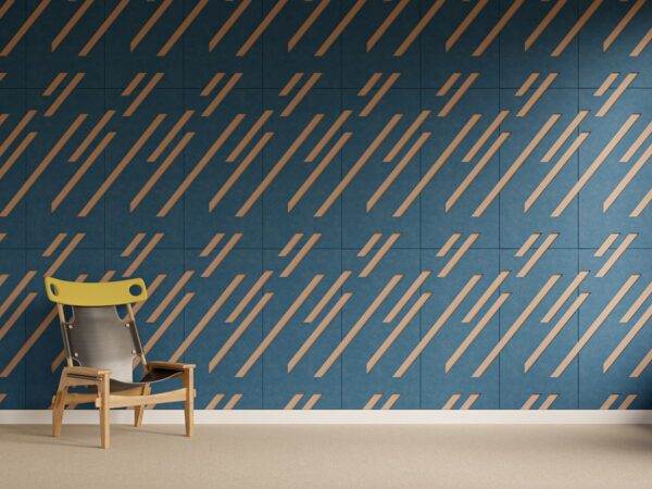 panneaux acoustiques décoratifs Creative Layer Chameleon sur un mur bleu, motif LP05 de larges diagonales découvrant la couche arrière