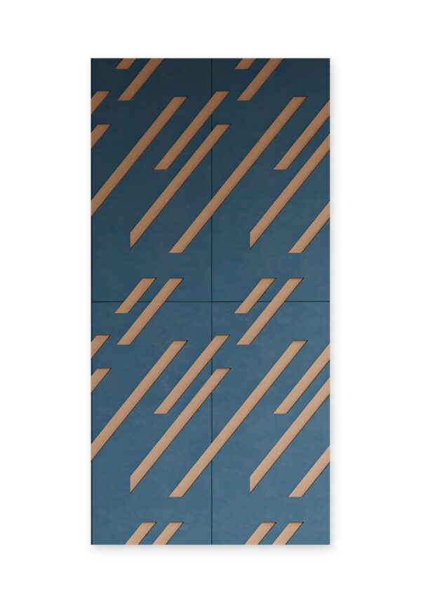 panneaux acoustiques décoratifs Creative Layer Chameleon, quatre panneaux de feutre bleu à motif diagonal découpé, fond blanc