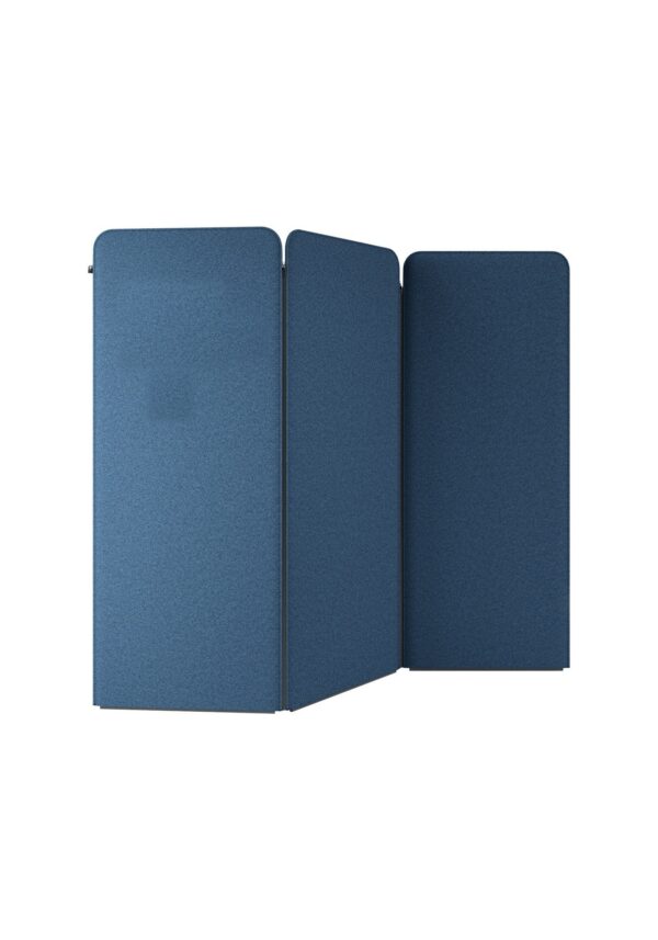 paravent acoustique BuzziScreen BuzziSpace, trois panneaux en feutre bleu reliés par fermeture à glissière, fond blanc