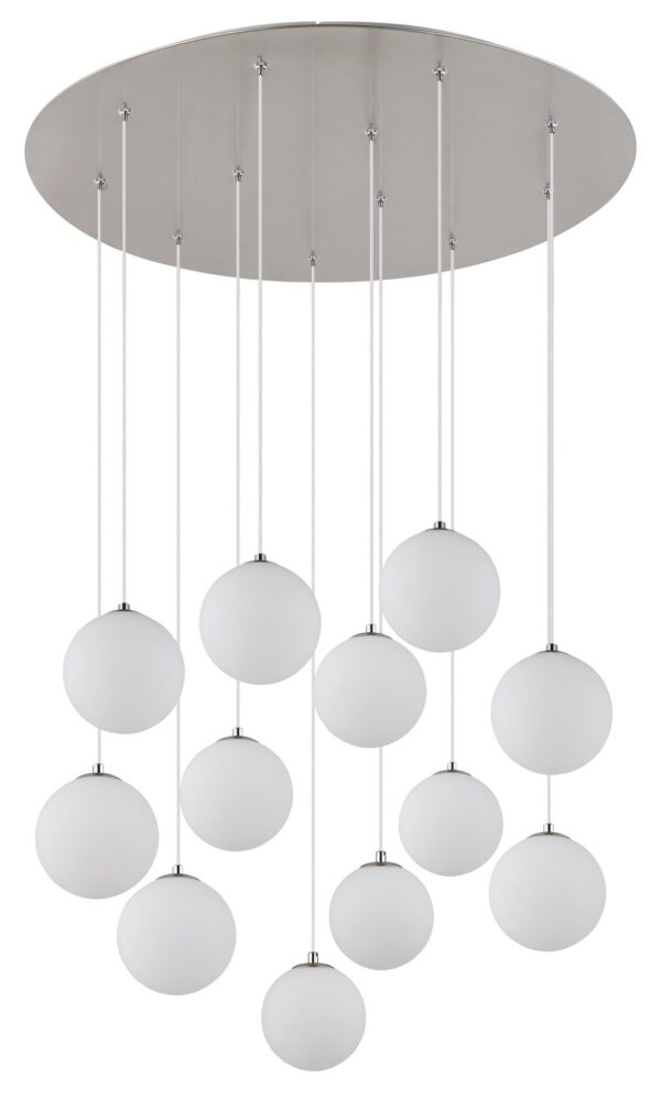 plafonnier 12 boules opale 12 boules opale éteintes sous le plateau nickel mat