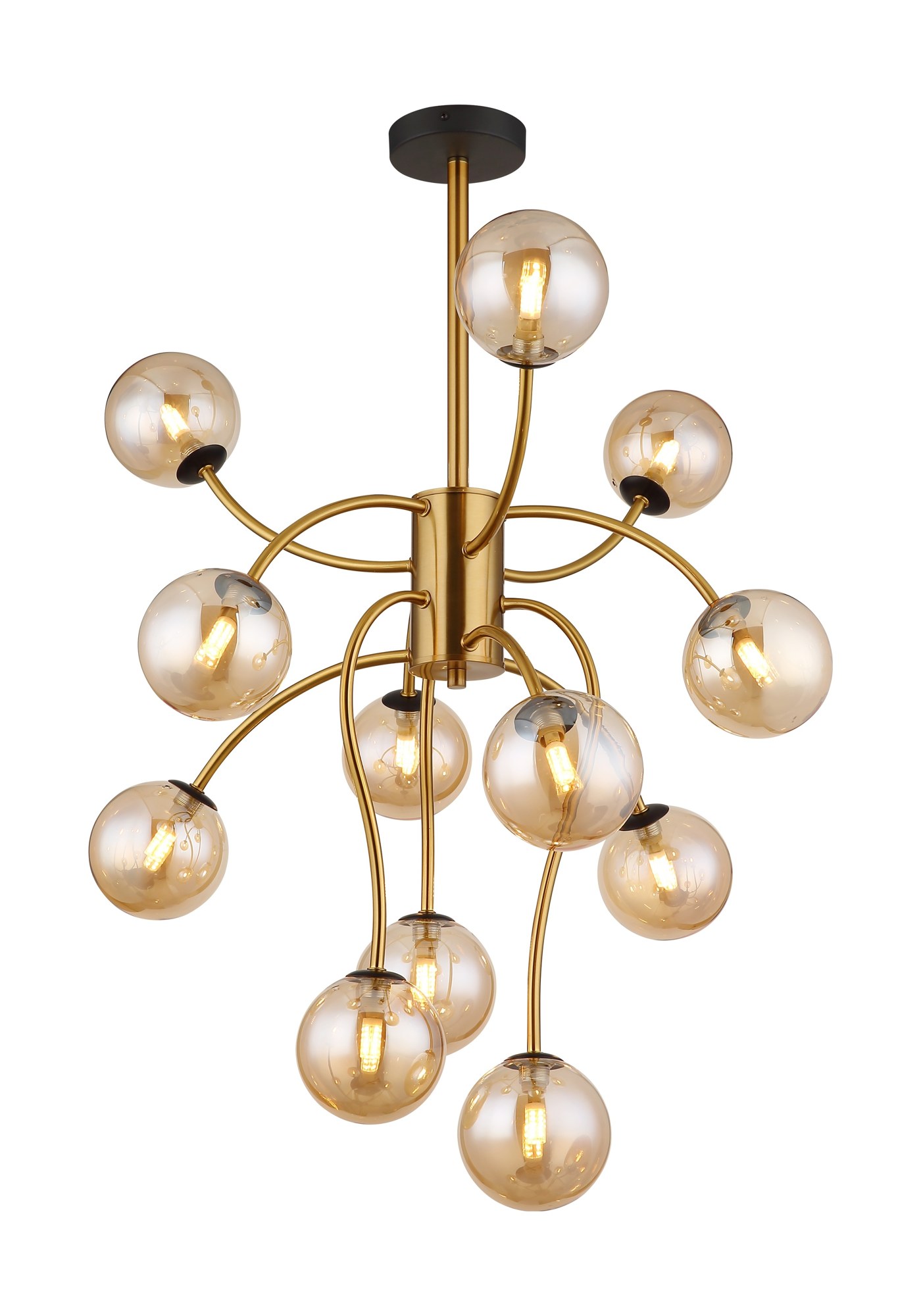 Plafonnier 12 boules verre ambre, bras courbes laiton mat, Ø 62 cm plafonnier 12 boules verre ambre 12 boules ambrées sur bras incurvés à finition laiton mat, fond blanc