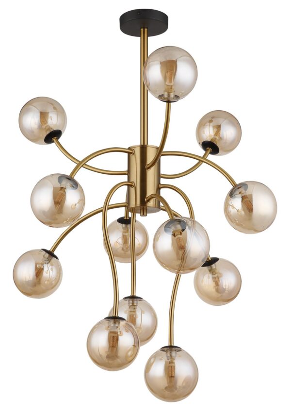 Luminaire laiton et cuivre : suspensions, appliques et lampes plafonnier 12 boules verre ambre 12 boules ambrées sur bras incurvés, éteint