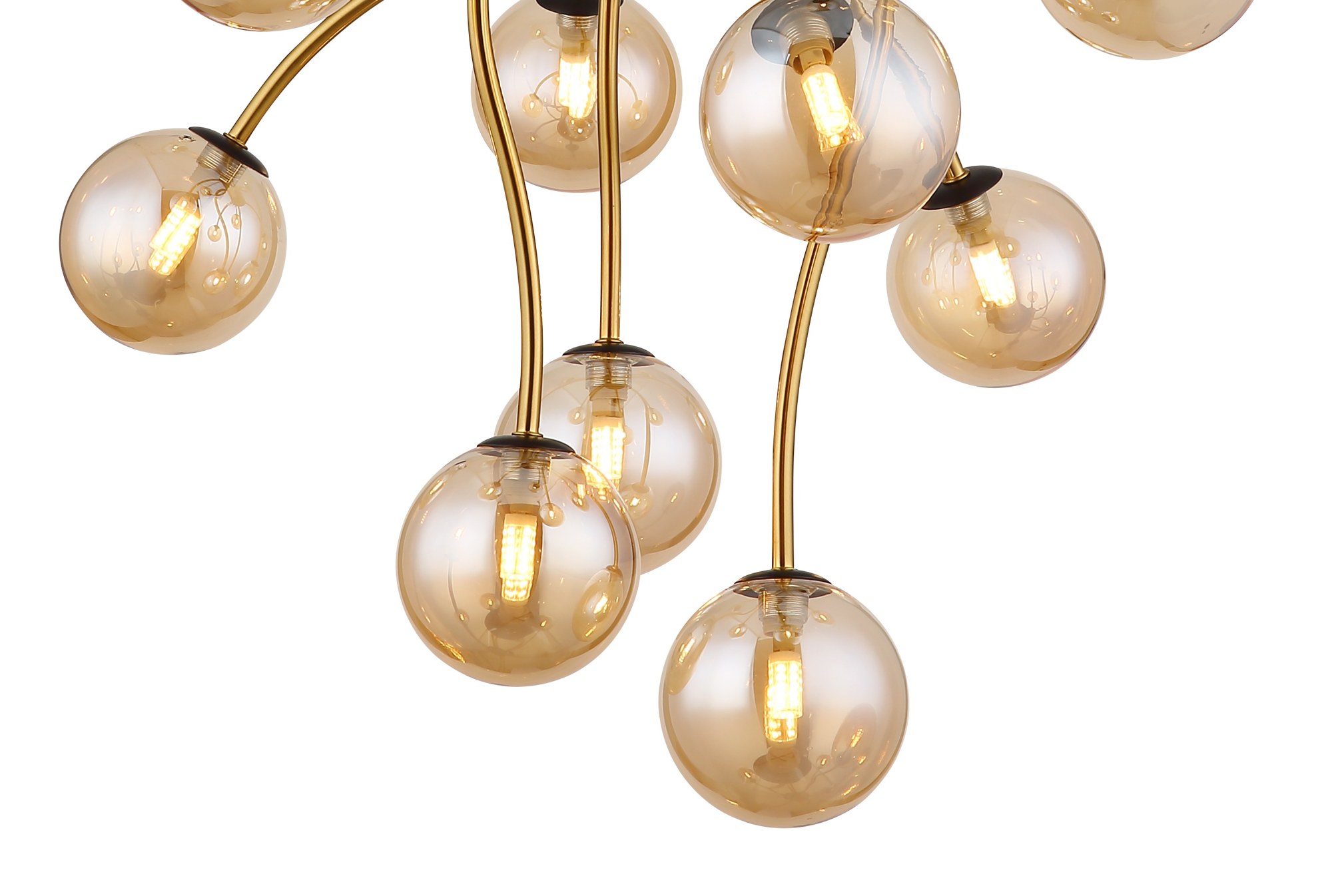 Plafonnier 12 boules verre ambre, bras courbes laiton mat, Ø 62 cm plafonnier 12 boules verre ambre détail des boules ambrées et des ampoules G9