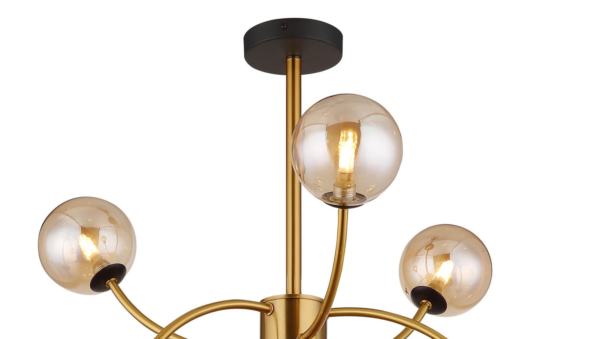 Plafonnier 12 boules verre ambre, bras courbes laiton mat, Ø 62 cm plafonnier 12 boules verre ambre gros plan sur le fût central et les bras courbes