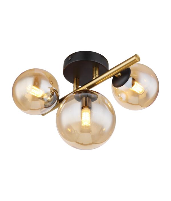 plafonnier 3 boules de verre version ambrée à tige laiton mat et platine noire, vue allumée sur fond blanc