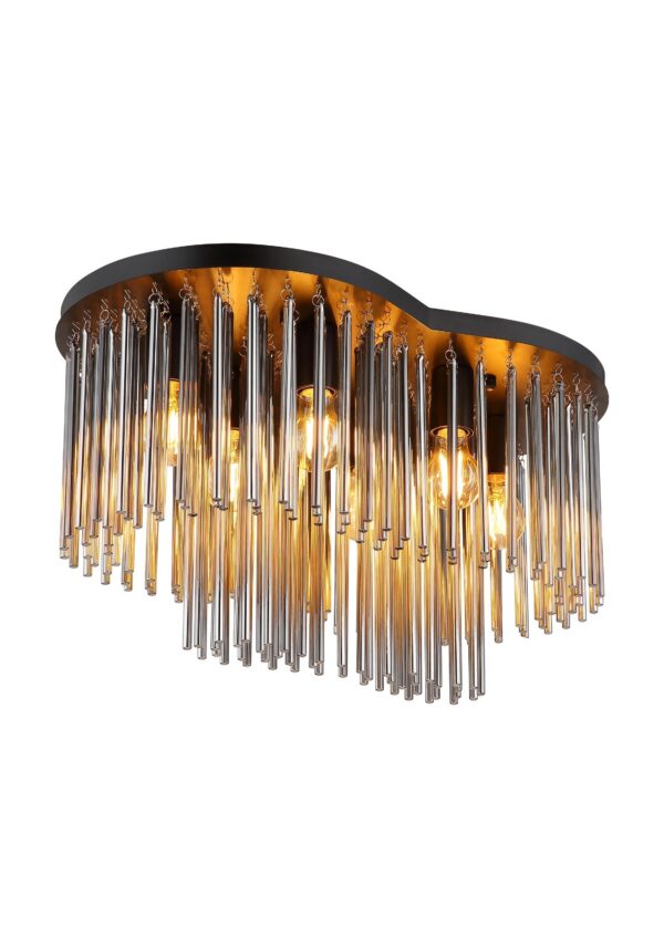 plafonnier 6 lumières verre fumé forme en huit, barreaux de verre, fond blanc
