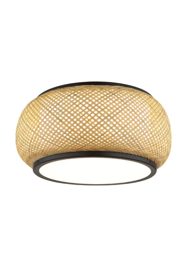 plafonnier bambou LED abat-jour tressé Ø 38 cm et bague noire, sur fond blanc