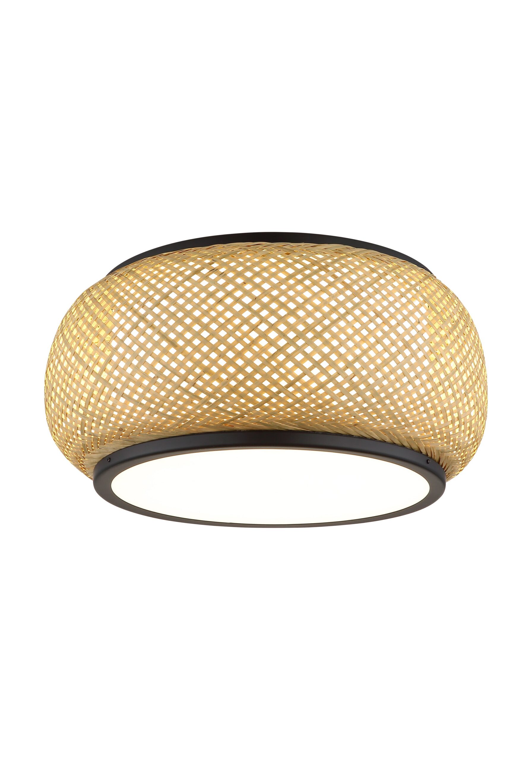 Plafonnier bambou LED noir, abat-jour tressé Ø 38 cm plafonnier bambou LED abat-jour tressé Ø 38 cm et bague noire, sur fond blanc