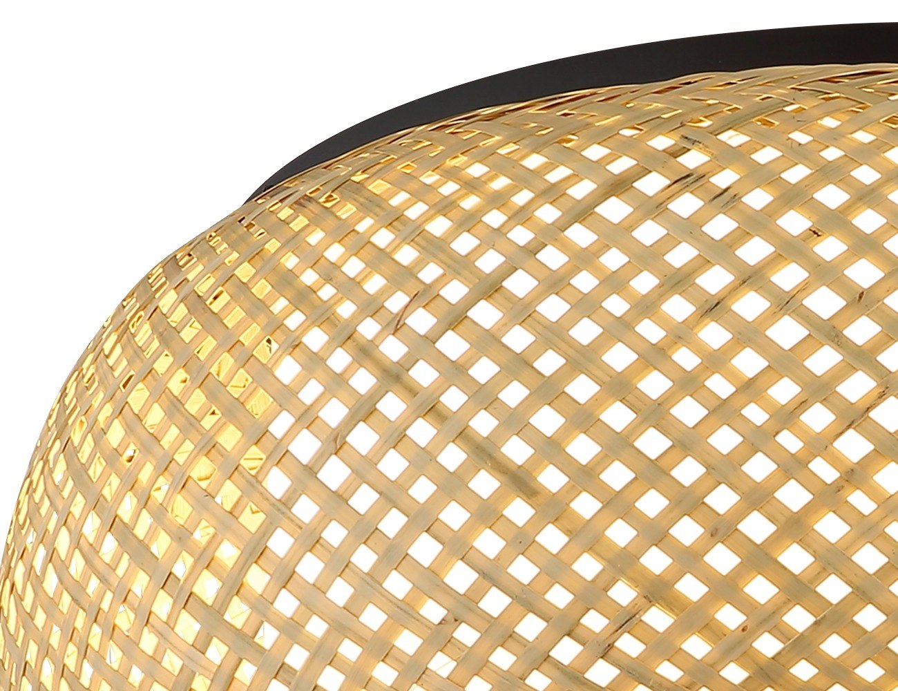 Plafonnier bambou LED noir, abat-jour tressé Ø 38 cm plafonnier bambou LED gros plan sur le tressage du bambou