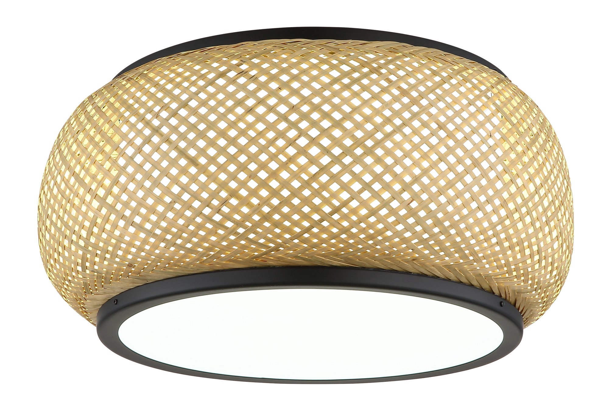 Plafonnier bambou LED noir, abat-jour tressé Ø 38 cm plafonnier bambou LED allumé en lumière blanche, sur fond blanc