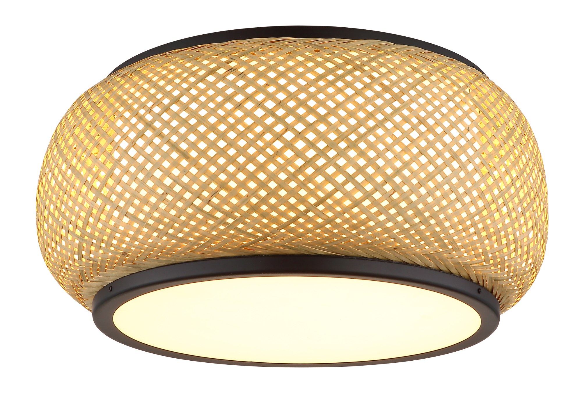 Plafonnier bambou LED noir, abat-jour tressé Ø 38 cm plafonnier bambou LED allumé en lumière chaude, sur fond blanc