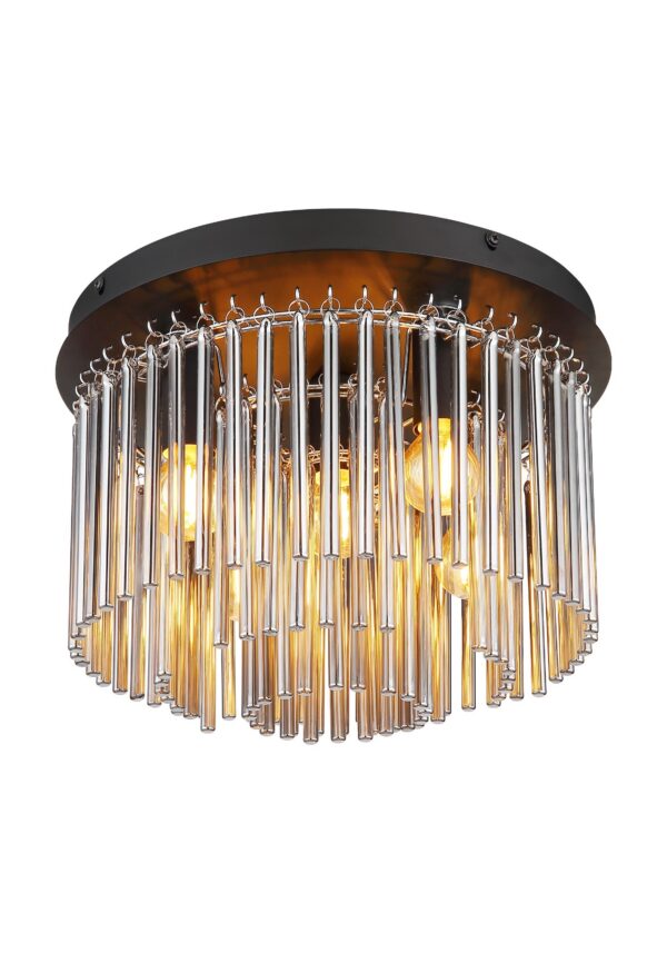 plafonnier barreaux de verre fumé Ø 32 cm, cage ronde sur deux niveaux, fond blanc