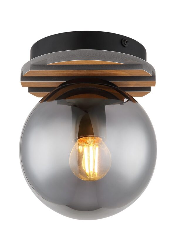 plafonnier boule verre fumé décor bois 1 boule sur support rond noir et décor bois, fond blanc