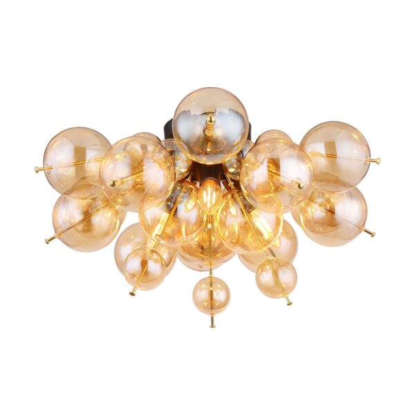 plafonnier grappe de boules de verre, version ambre, boules de verre sur structure noire et or, fond blanc