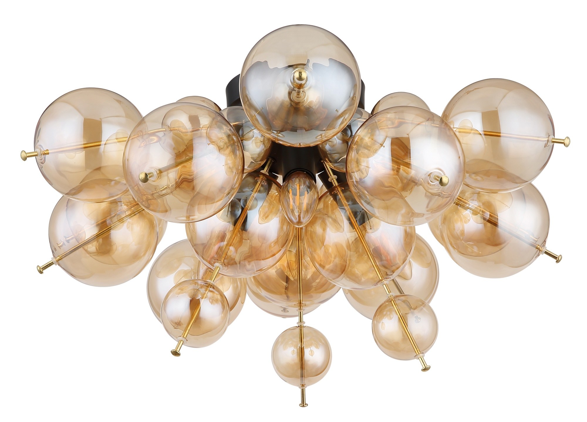 Plafonnier grappe de boules de verre, noir et ambre ou fumé plafonnier grappe de boules de verre, version ambre éteinte sur fond blanc