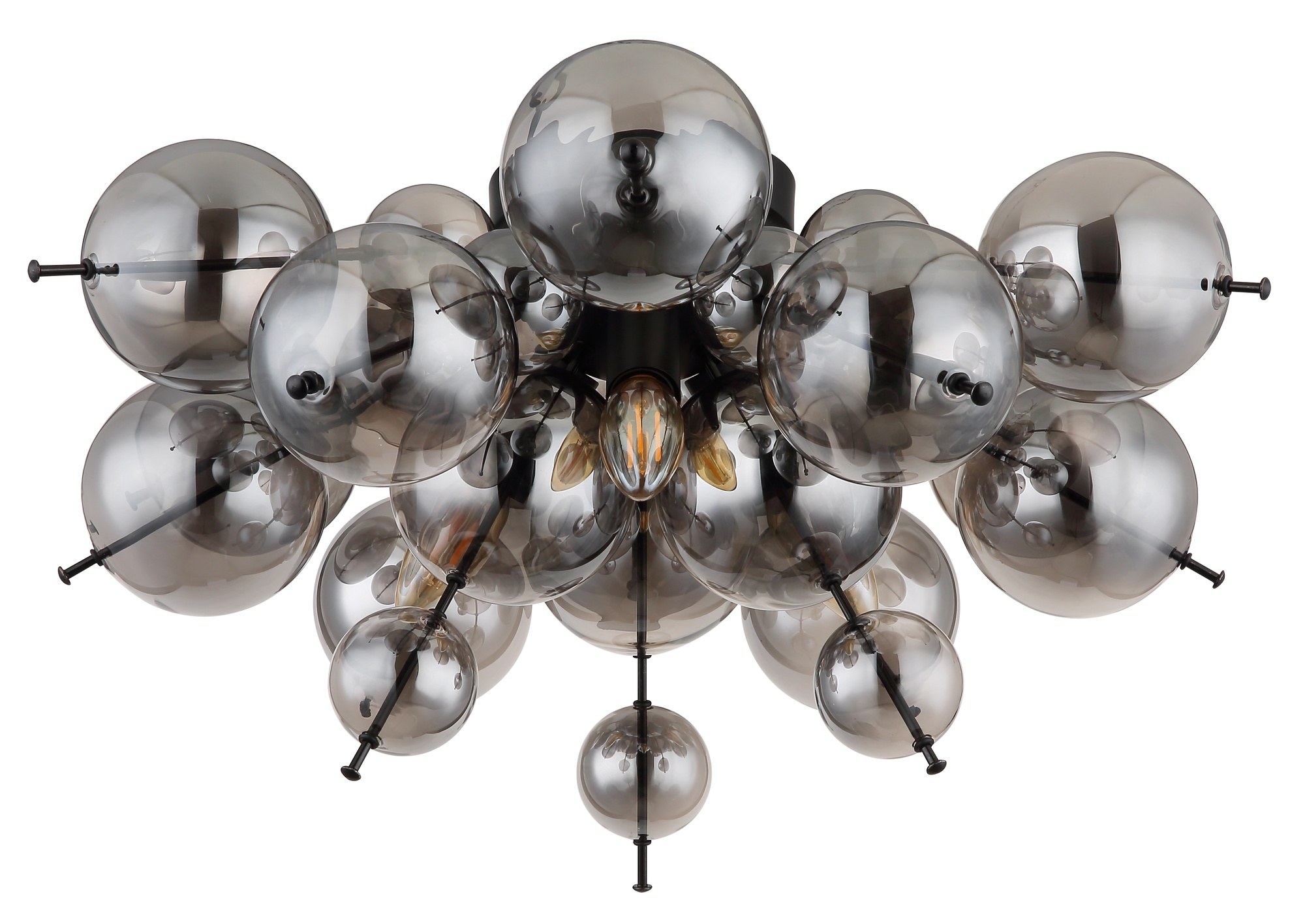Plafonnier grappe de boules de verre, noir et ambre ou fumé plafonnier grappe de boules de verre, version fumé éteinte sur fond blanc